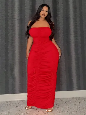 Plus Size Pleated Strapless Long Elegant Bodycon Dress