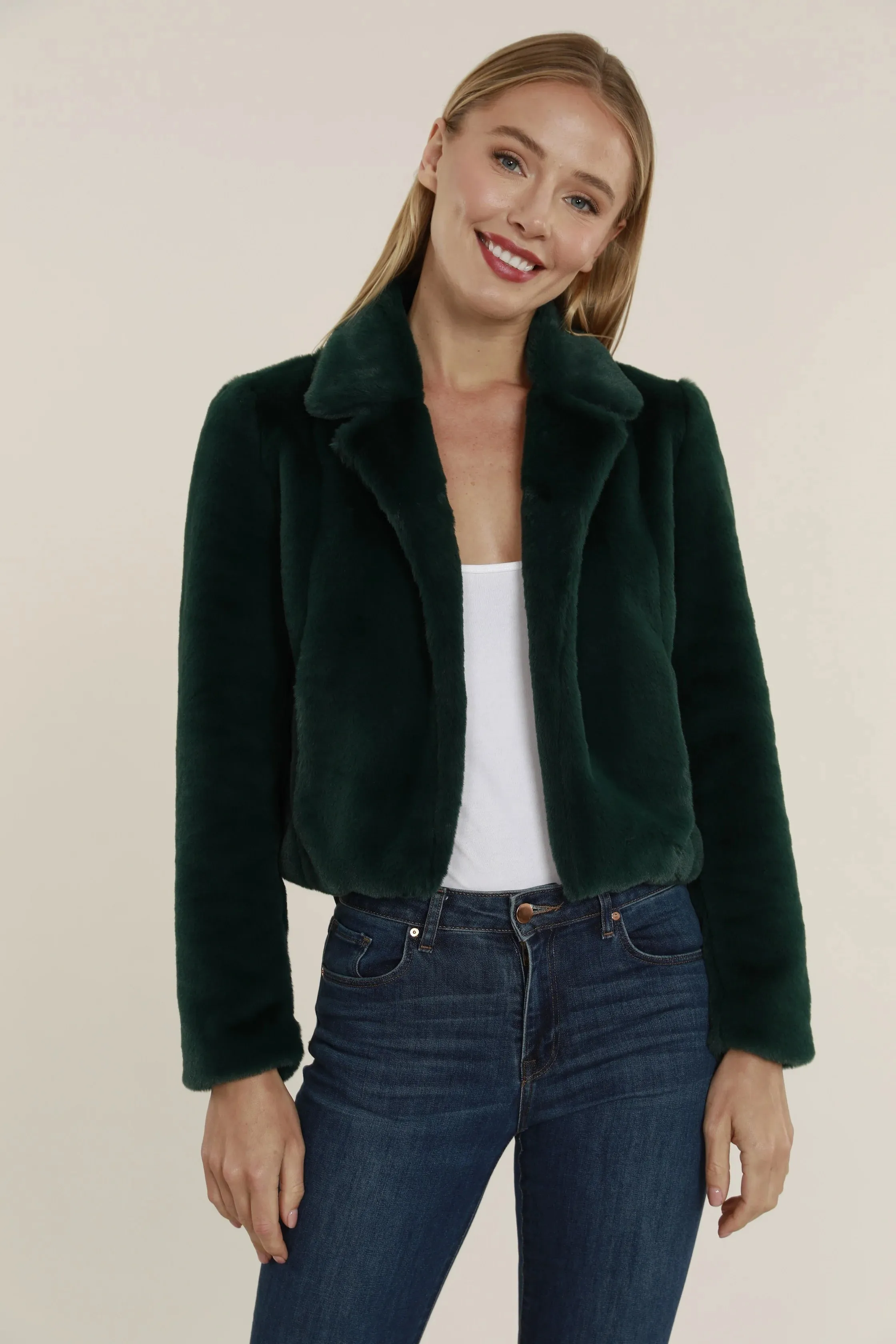 Plush Faux Fur Notch Collar Jacket - Green