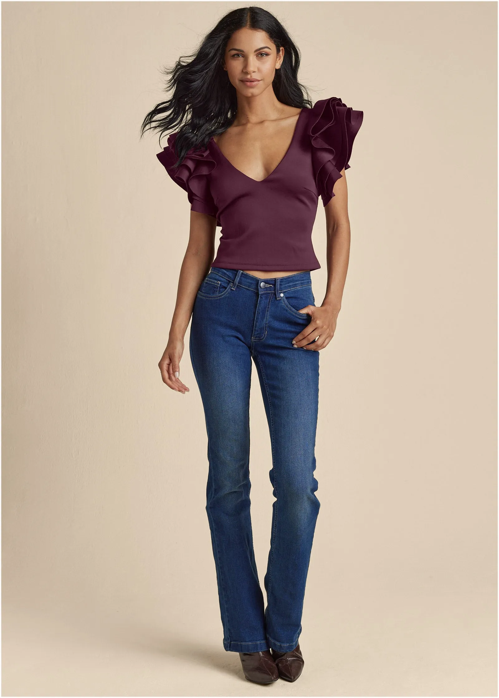 Ruffle Sleeve V-Neck Top - Wine