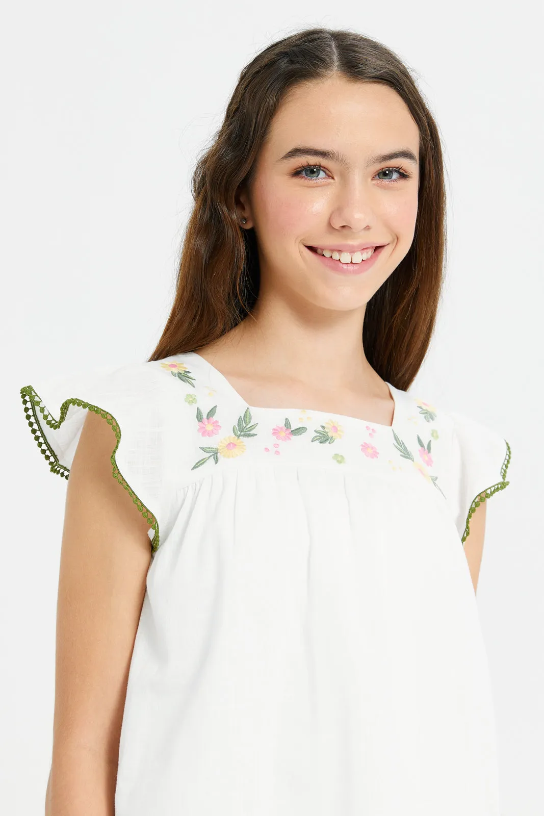 Senior Girls White Embroidered Top