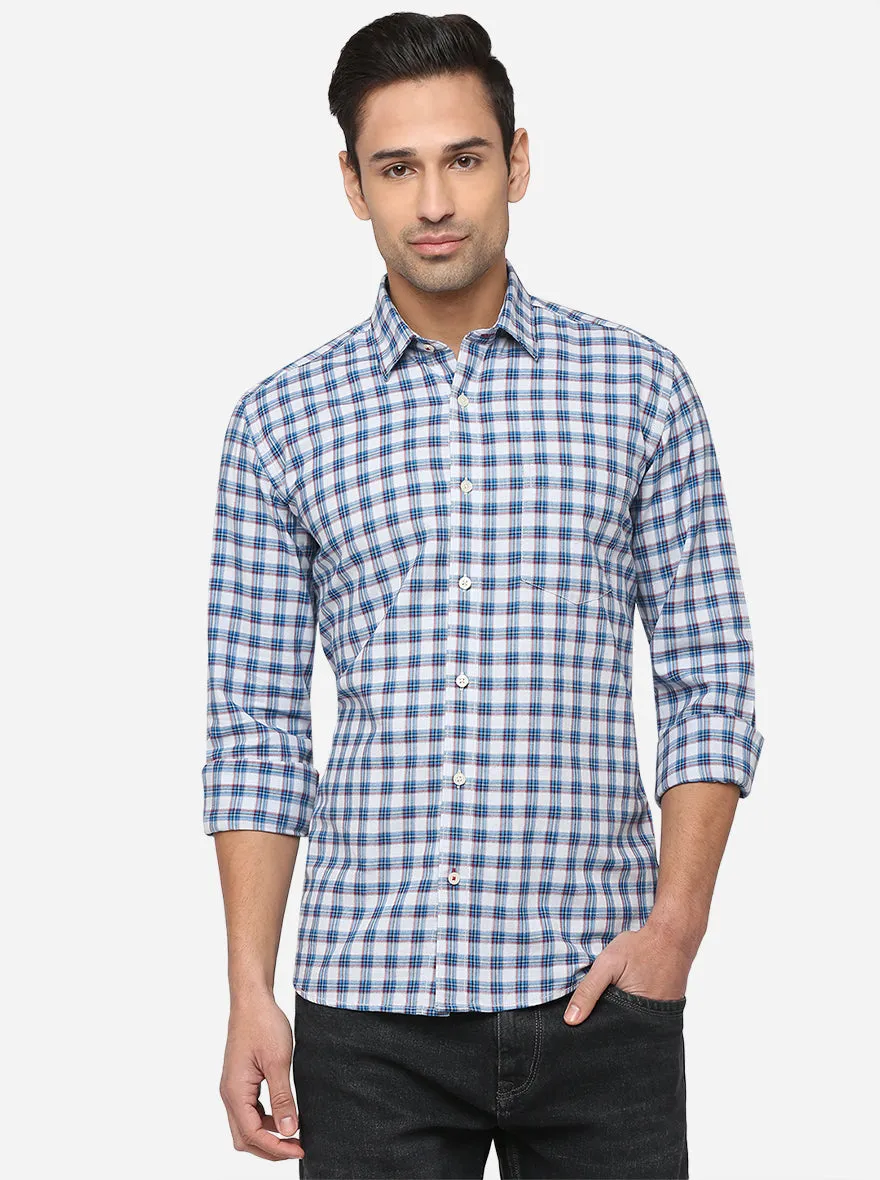 Sky Blue & Grey Checked Slim Fit Casual Shirt | Greenfibre