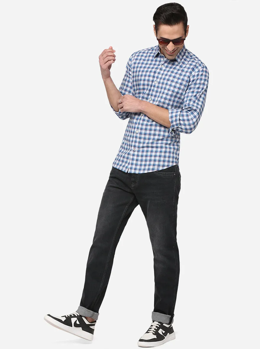 Sky Blue & Grey Checked Slim Fit Casual Shirt | Greenfibre