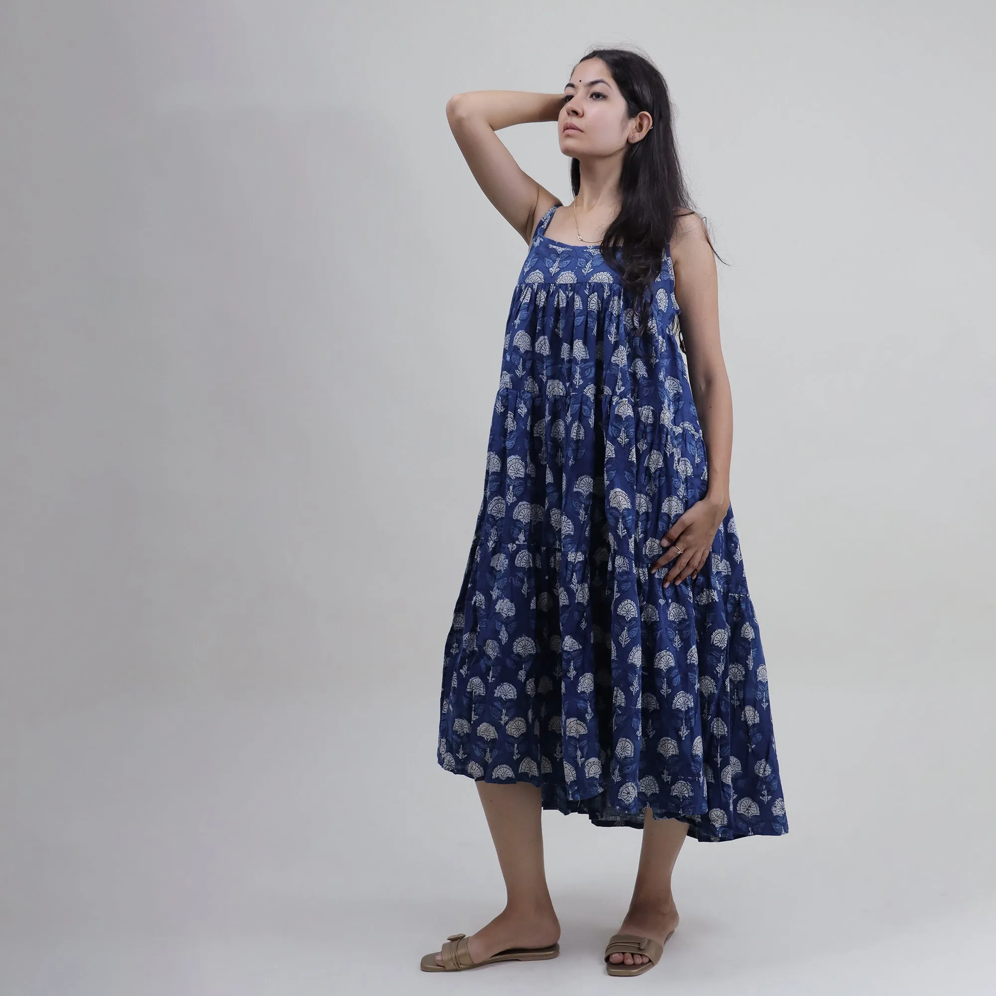 Soft Cotton Hand Block Blue Floral Printed Midi Dresses For Girls