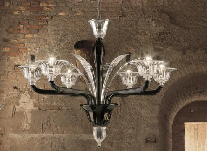 Stunning Black Glass And Crystal Murano Chandelier