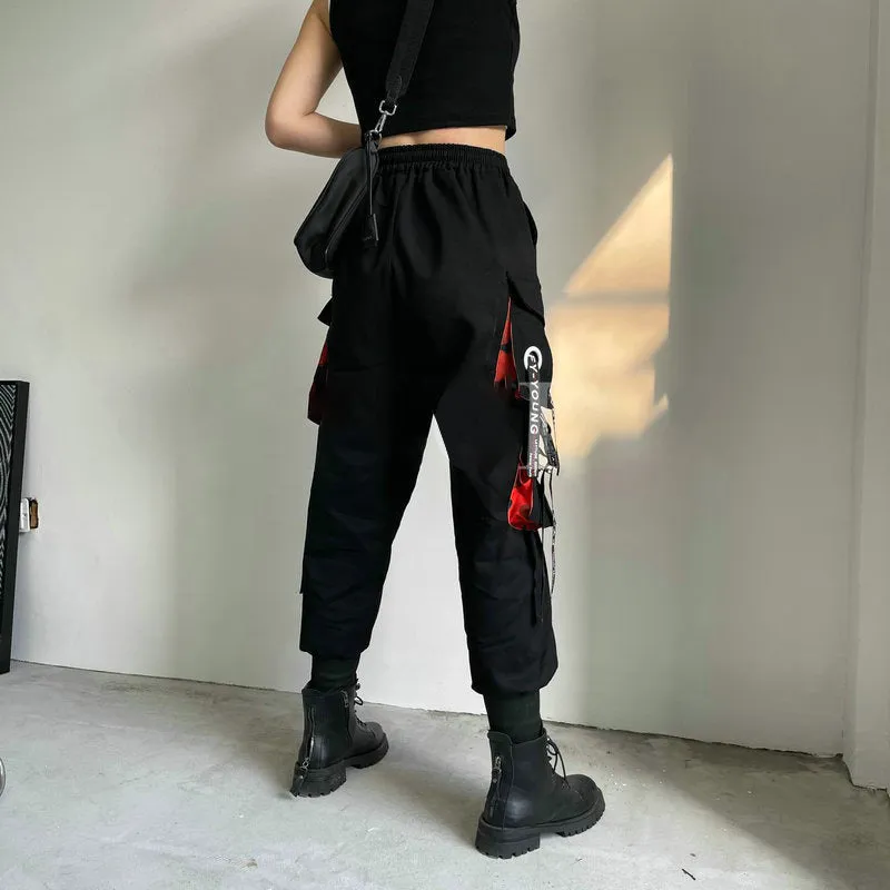 Women Cargo Pants Ribbon Pocket Jogger Elastic Waist Females Trousers