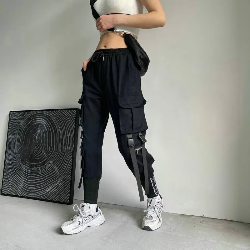 Women Cargo Pants Ribbon Pocket Jogger Elastic Waist Females Trousers