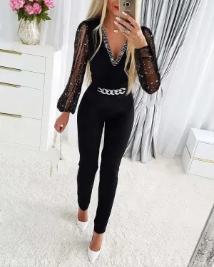 Women's Black Rhinestone Glitter Jumpsuit