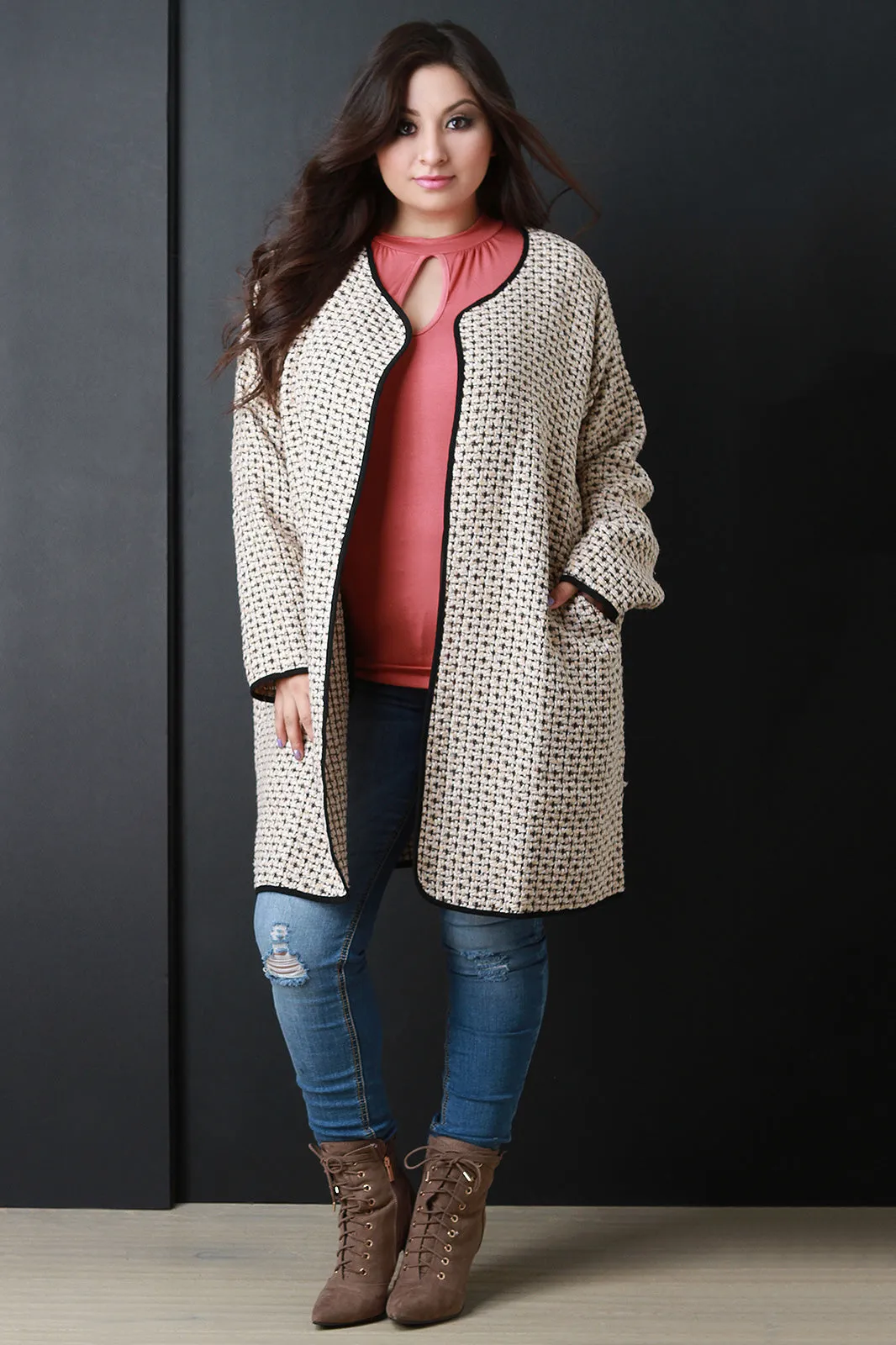 Woven Contrast Trim Long Coat