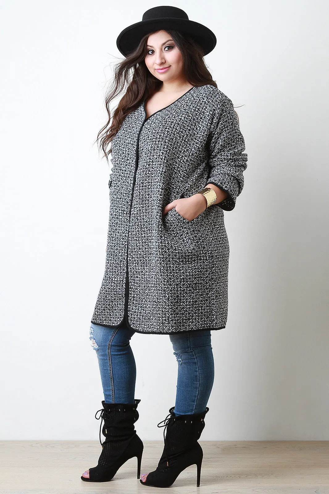 Woven Contrast Trim Long Coat