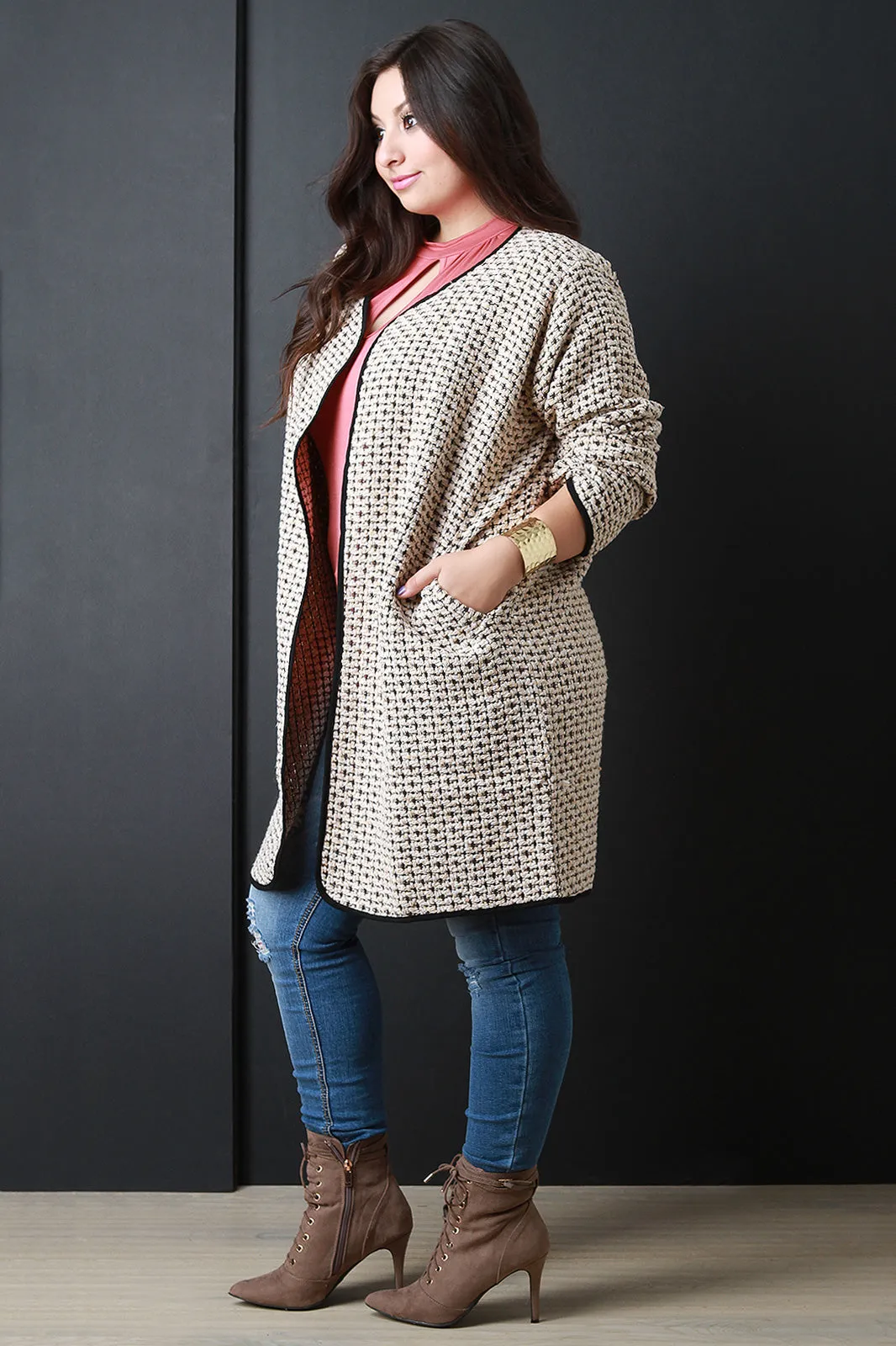 Woven Contrast Trim Long Coat